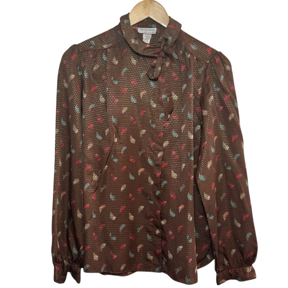 Vtg Evan Picone Union Made Tie Neck Size 12 Long Sleeve Abstract Print Blouse